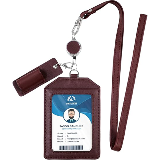 Office Badge Holder - Boshiho Genuine Leather Credit ID Card Holder with Stretch Neck Lanyard Vertical Style