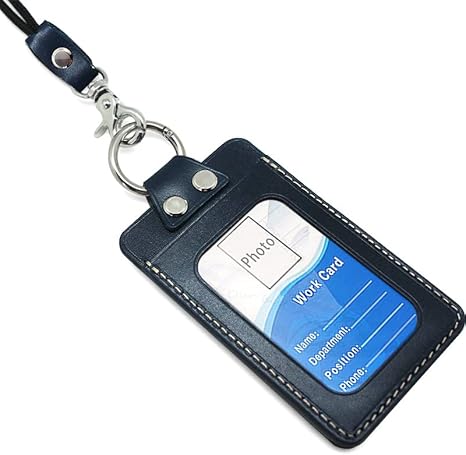 Badge Holder: Boshiho Full Grain Leather ID Badge Card Holder with 19" Neck Lanyard, Vertical Style