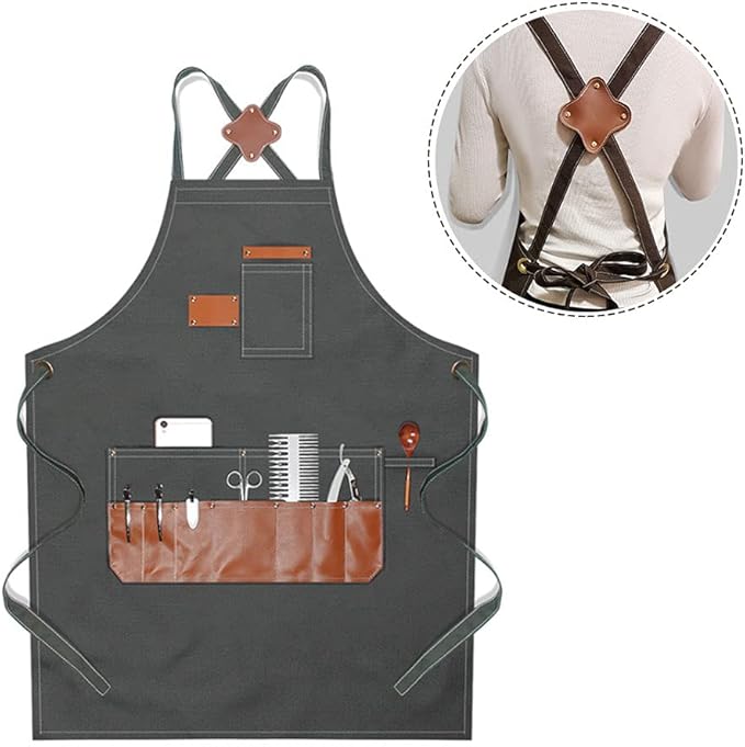 boshiho Barber Shop Apron with Pockets Arist Painting Beauty Salon Aprons for Women/Men Utility Work Apron