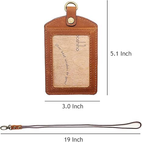 Badge Holder: Boshiho Cowhide Leather ID Badge Card Holder with 19" Neck Lanyard, Vertical Style