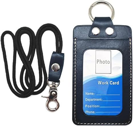 Badge Holder: Boshiho Full Grain Leather ID Badge Card Holder with 19" Neck Lanyard, Vertical Style