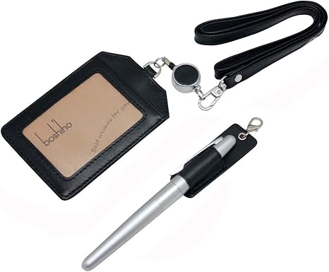 Office Badge Holder - Boshiho Genuine Leather Credit ID Card Holder with Stretch Neck Lanyard Vertical Style