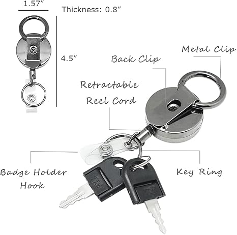 Retractable Key-Chain Badge Reel - Boshiho Heavy Duty Metal ID Badge Holder Key Reel, Key Holder Ring with Belt Clip