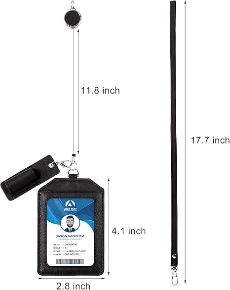 Office Badge Holder - Boshiho Genuine Leather Credit ID Card Holder with Stretch Neck Lanyard Vertical Style