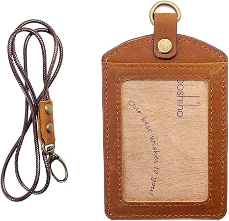 Badge Holder: Boshiho Cowhide Leather ID Badge Card Holder with 19" Neck Lanyard, Vertical Style
