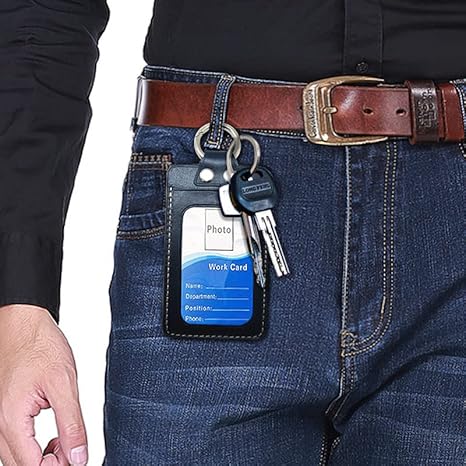 Badge Holder: Boshiho Full Grain Leather ID Badge Card Holder with 19" Neck Lanyard, Vertical Style