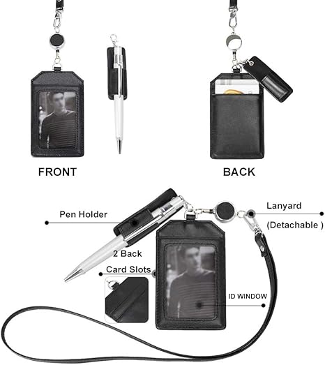 Office Badge Holder - Boshiho Genuine Leather Credit ID Card Holder with Stretch Neck Lanyard Vertical Style