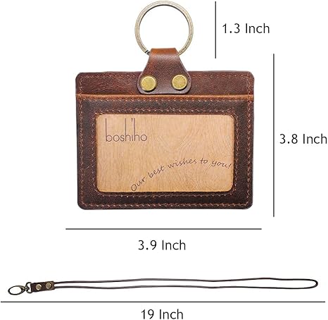 Badge Holder: Boshiho Cowhide Leather ID Badge Card Holder with 19" Neck Lanyard, Horizontal Style
