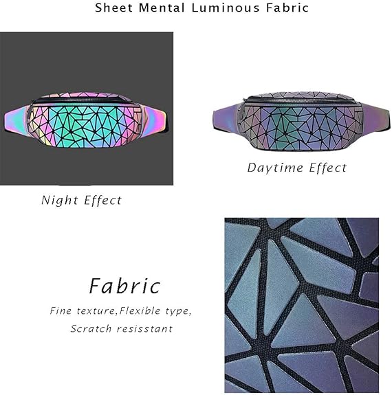 Fanny Packs for Women Men, Luminous Holographic Chest Bag Geometric Waist Pack for Travel, Festival, Running, Sports