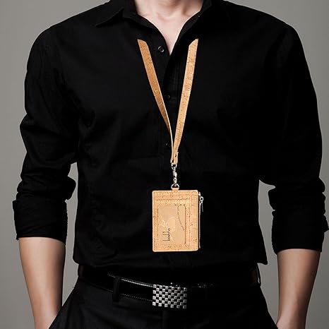 Cork Badge Holder with Zipper, Eco-Friendly Cork ID Credit Card Holder Wallet with Neck Lanyard Strap for Offices ID, School ID, Driver Licence