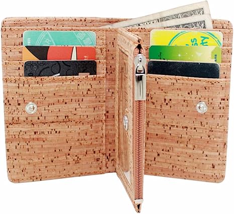 boshiho Eco Cork Friendly RFID Blocking Wallet Bi-fold Card Holder Vertical Wallet With Zippered Coin Purse & ID Window