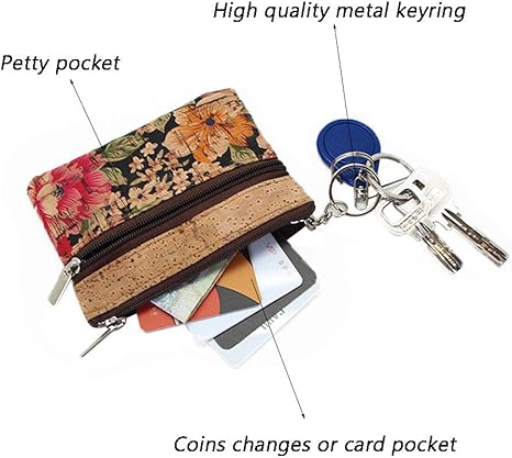 Eco-friendly Natural Cork Coin Purse, Boshiho Mini Coin Change Wallet Credit Card Holder Zipper Pouch Vegan Wallet with Key Ring Keychain