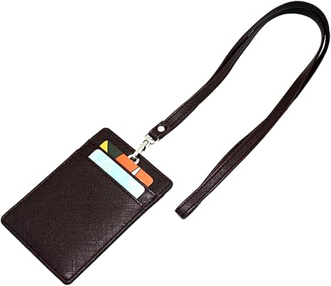 Boshiho Vertical Style Leather ID Card Badge Holder with Heavy Duty Lanyard