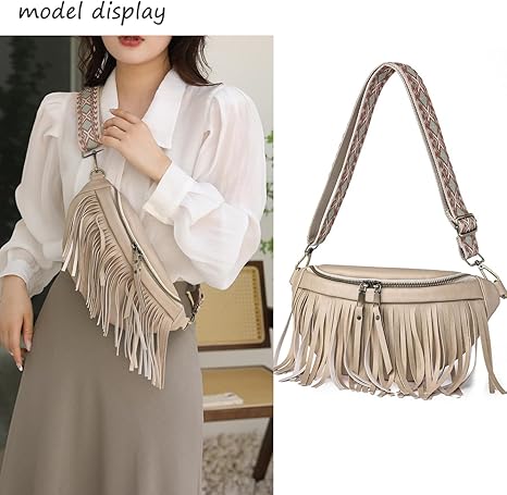 Fanny Packs for Women Fringe Purse Leather Chest Bag Waist Bag Casual Crossbody Bag with Zipper Pockets Travel Festival Sports Hiking Running