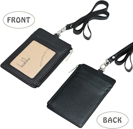 Badge Holder with Zipper - Boshiho Genuine Leather ID Badge Card Holder Wallet with 18.5" Neck Lanyard, 5 Card Slots Vertical Style