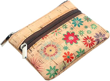Eco-friendly Natural Cork Coin Purse, Boshiho Mini Coin Change Wallet Credit Card Holder Zipper Pouch Vegan Wallet with Key Ring Keychain