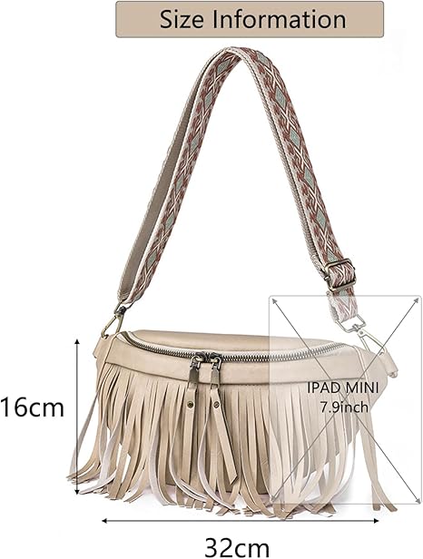 Fanny Packs for Women Fringe Purse Leather Chest Bag Waist Bag Casual Crossbody Bag with Zipper Pockets Travel Festival Sports Hiking Running
