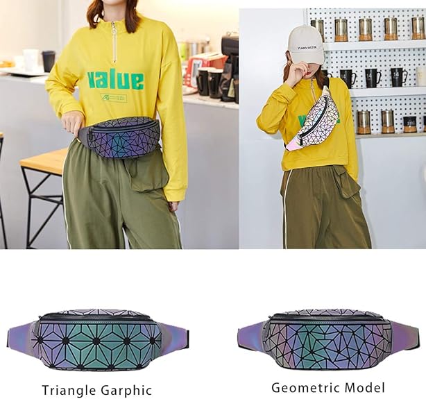 Fanny Packs for Women Men, Luminous Holographic Chest Bag Geometric Waist Pack for Travel, Festival, Running, Sports
