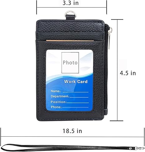 Badge Holder with Zipper - Boshiho Genuine Leather ID Badge Card Holder Wallet with 18.5" Neck Lanyard, 5 Card Slots Vertical Style