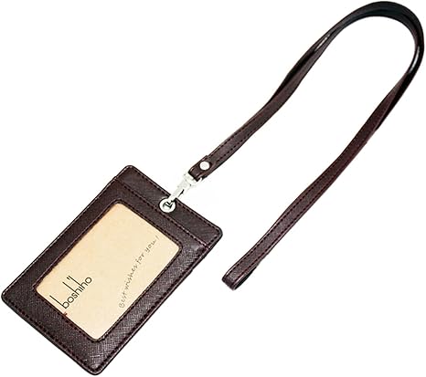 Boshiho Vertical Style Leather ID Card Badge Holder with Heavy Duty Lanyard