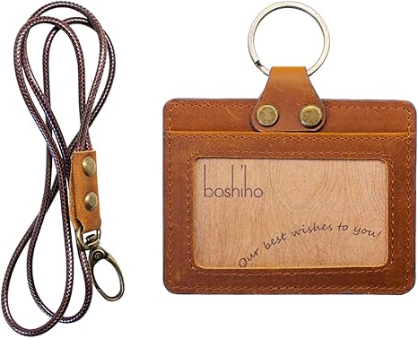 Badge Holder: Boshiho Cowhide Leather ID Badge Card Holder with 19" Neck Lanyard, Horizontal Style