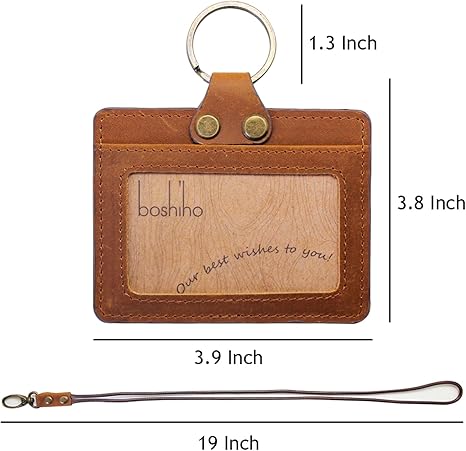 Badge Holder: Boshiho Cowhide Leather ID Badge Card Holder with 19" Neck Lanyard, Horizontal Style