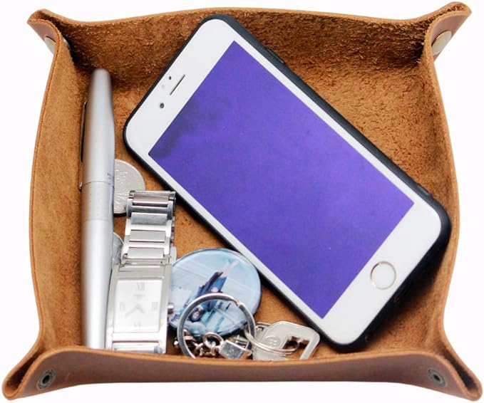 Boshiho Valet Tray for Men, Leather Jewelry Catchall Key Phone Coin Box Change Caddy Bedside Storage Box