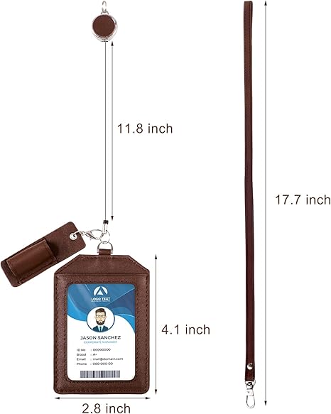 Office Badge Holder - Boshiho Genuine Leather Credit ID Card Holder with Stretch Neck Lanyard Vertical Style