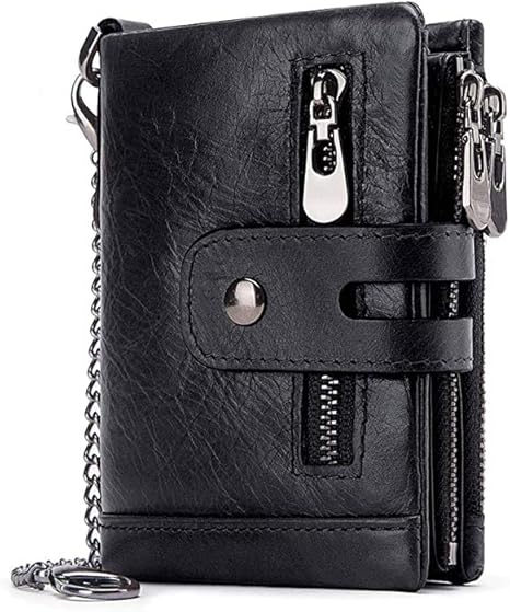 boshiho Real Leather RFID Blocking Bifold Wallets for Men Double Zipper Coin Pocket Purse with Anti-Theft Chain