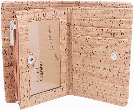 boshiho Eco Cork Friendly RFID Blocking Wallet Bi-fold Card Holder Vertical Wallet With Zippered Coin Purse & ID Window