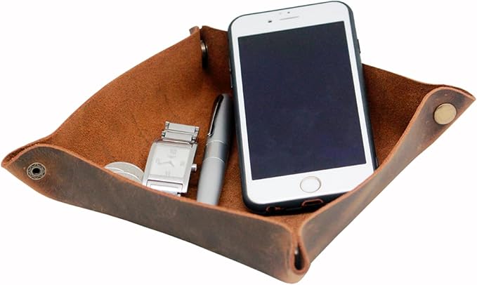 Boshiho Valet Tray for Men, Leather Jewelry Catchall Key Phone Coin Box Change Caddy Bedside Storage Box