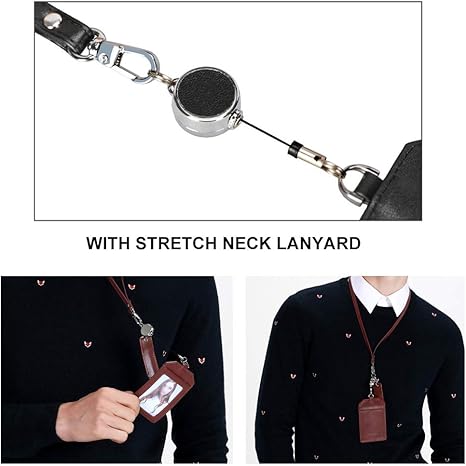 Office Badge Holder - Boshiho Genuine Leather Credit ID Card Holder with Stretch Neck Lanyard Vertical Style