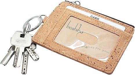 boshiho Natural Cork Credit Card Holder Coin Change Purse with Key Ring Keychain