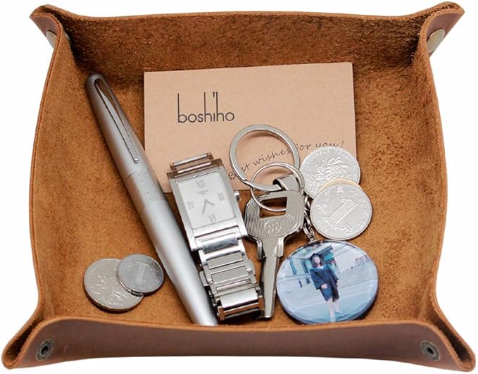 Boshiho Valet Tray for Men, Leather Jewelry Catchall Key Phone Coin Box Change Caddy Bedside Storage Box