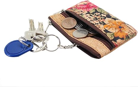 Eco-friendly Natural Cork Coin Purse, Boshiho Mini Coin Change Wallet Credit Card Holder Zipper Pouch Vegan Wallet with Key Ring Keychain