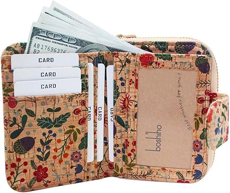 boshiho Vegan Cork Wallet, Women’s Purse Slim Zipper Design with Card Holder Coin Pocket Purse Eco-friendly Vegan Gift