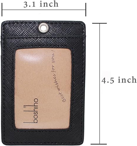 Boshiho Vertical Style Leather ID Card Badge Holder with Keychain Key Ring