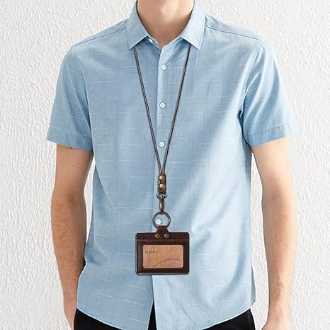 Badge Holder: Boshiho Cowhide Leather ID Badge Card Holder with 19" Neck Lanyard, Horizontal Style