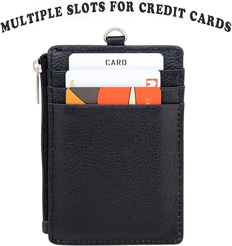 Badge Holder with Zipper - Boshiho Genuine Leather ID Badge Card Holder Wallet with 18.5" Neck Lanyard, 5 Card Slots Vertical Style