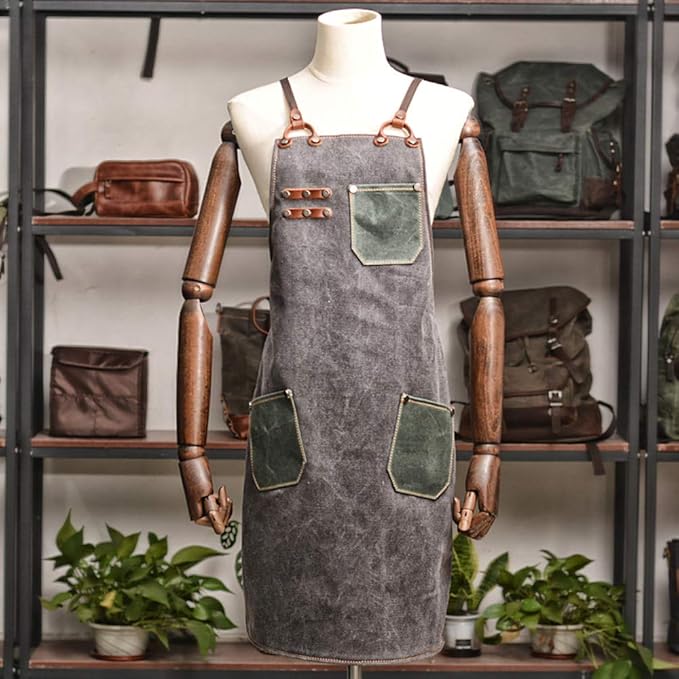 boshiho Waxed Canvas Shop Apron,Heavy Duty Work Apron for Men Women with 3 Pockets & Extra Long Straps,Adjustable M to XXL Tool Aprons for Men & Women