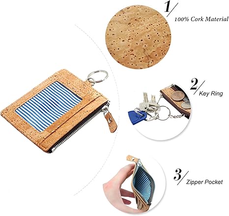 boshiho Natural Cork Credit Card Holder Coin Change Purse with Key Ring Keychain