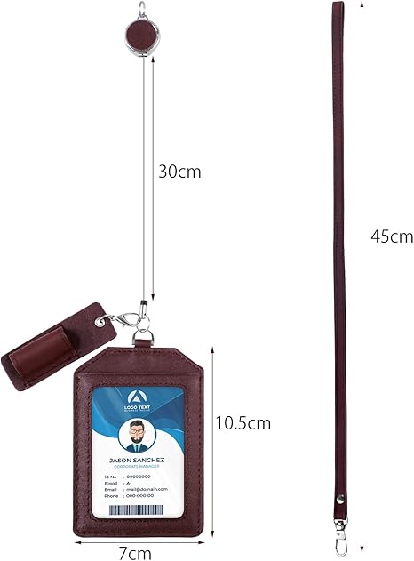 Office Badge Holder - Boshiho Genuine Leather Credit ID Card Holder with Stretch Neck Lanyard Vertical Style