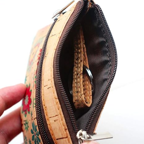 Eco-friendly Natural Cork Coin Purse, Boshiho Mini Coin Change Wallet Credit Card Holder Zipper Pouch Vegan Wallet with Key Ring Keychain