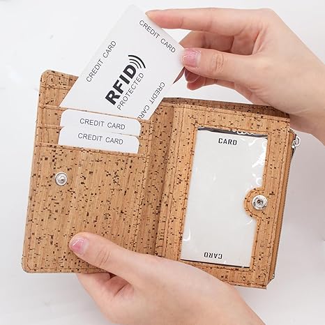 boshiho Eco Cork Friendly RFID Blocking Wallet Bi-fold Card Holder Vertical Wallet With Zippered Coin Purse & ID Window