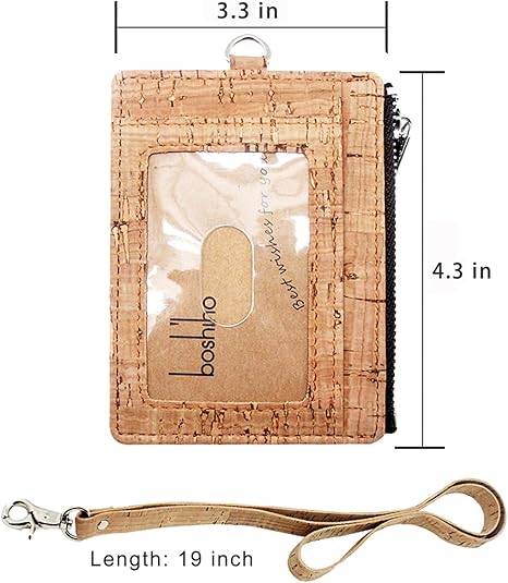 Cork Badge Holder with Zipper, Eco-Friendly Cork ID Credit Card Holder Wallet with Neck Lanyard Strap for Offices ID, School ID, Driver Licence