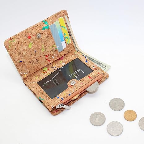 boshiho Eco Cork Friendly RFID Blocking Wallet Bi-fold Card Holder Vertical Wallet With Zippered Coin Purse & ID Window