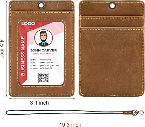 Office Badge Holder - Boshiho Genuine Leather Credit ID Card Holder with Neck Lanyard Pen Clip Vertical Style