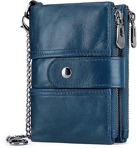 boshiho Real Leather RFID Blocking Bifold Wallets for Men Double Zipper Coin Pocket Purse with Anti-Theft Chain