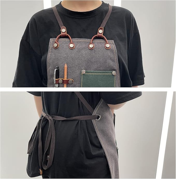 boshiho Waxed Canvas Shop Apron,Heavy Duty Work Apron for Men Women with 3 Pockets & Extra Long Straps,Adjustable M to XXL Tool Aprons for Men & Women