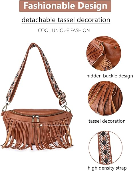 Fanny Packs for Women Fringe Purse Leather Chest Bag Waist Bag Casual Crossbody Bag with Zipper Pockets Travel Festival Sports Hiking Running